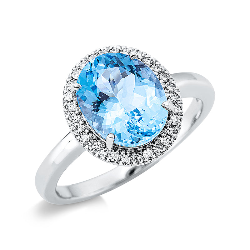 Ring 18 kt WG, 8 Brill. 0,03 ct, TW-si, 21 Brill. 0,08 ct, TW-si, 1 Topas 3,40 ct blau