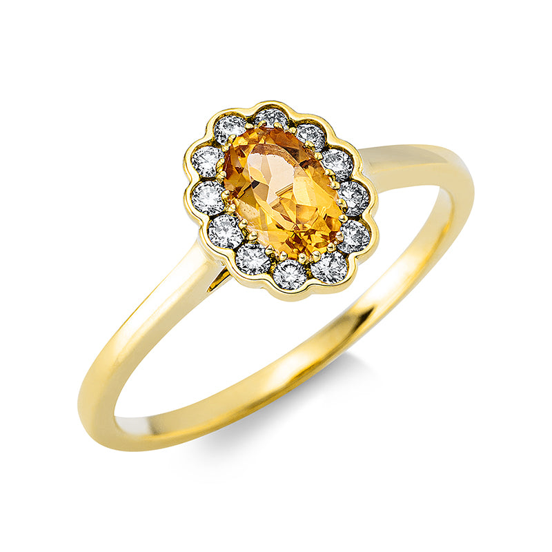 Ring 18 kt GG, 12 Brill. 0,15 ct, TW-si, 1 Citrin 0,44 ct gelb