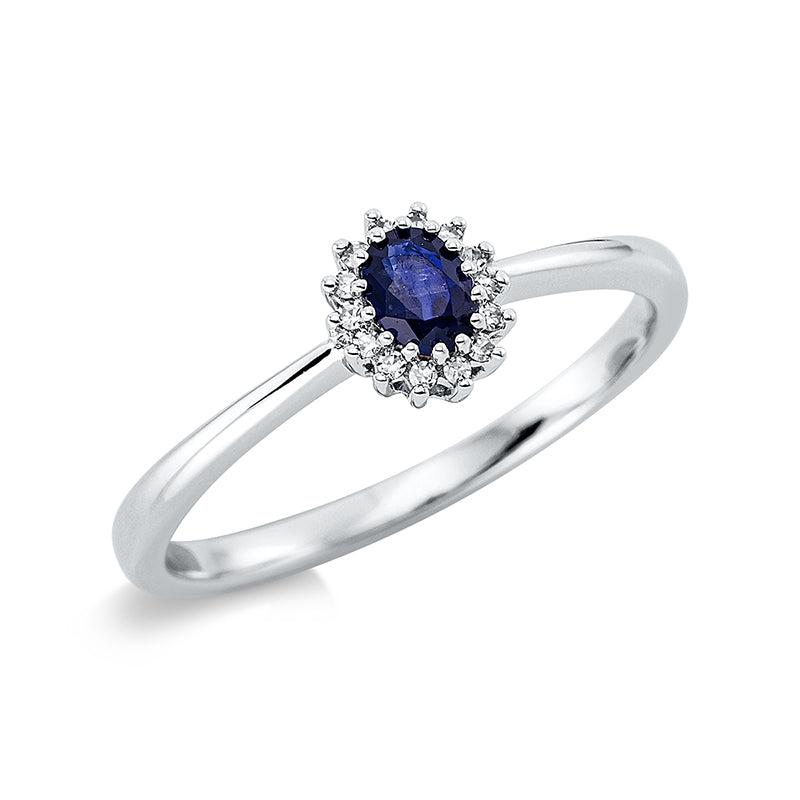 Ring 18 kt WG, 14 Dia. 0,05 ct, TW-si, 1 Saphir 0,20 ct blau