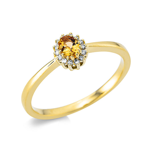 Ring 18 kt GG, 14 Dia. 0,05 ct, TW-si, 1 Citrin 0,14 ct gelb