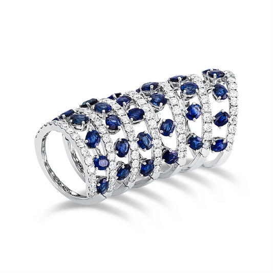 Ring 18 kt WG, 118 Brill. 3,30 ct, TW-vsi/si, 36 Saphire 8,57 ct blau