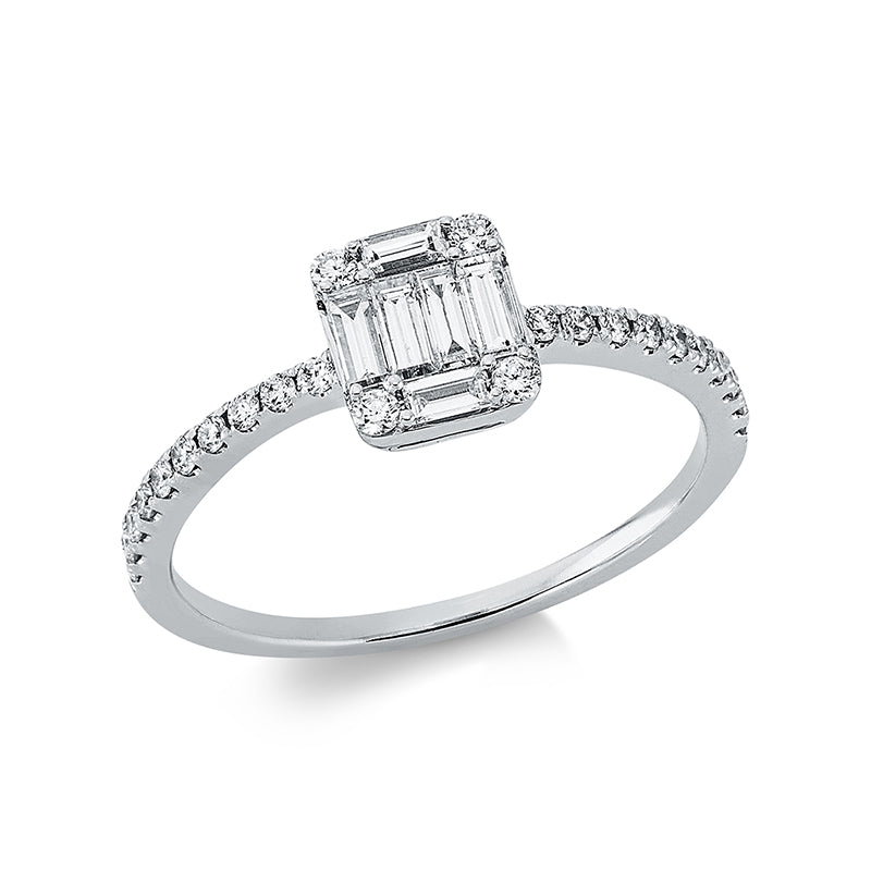 Ring 18 kt WG, 4 Brill. 0,05 ct, TW-si, 6 Bag. 0,32 ct, TW-si, 20 Brill. 0,14 ct, TW-si