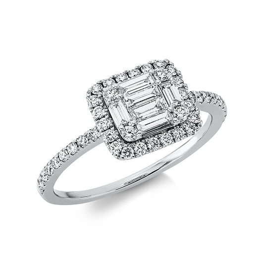 Ring 18 kt WG, 4 Brill. 0,05 ct, TW-si, 6 Bag. 0,30 ct, TW-si, 40 Brill. 0,30 ct, TW-si