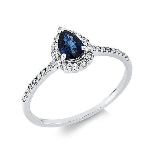 Ring 18 kt WG, 13 Brill. 0,14 ct, TW-si, 18 Brill. 0,07 ct, TW-si, 1 Saphir 0,43 ct blau