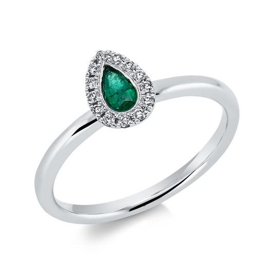 Ring 18 kt WG, 13 Brill. 0,08 ct, TW-si, 1 Smaragd 0,19 ct grün