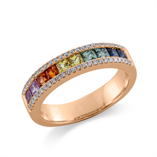 Ring 18 kt RG, 50 Brill. 0,20 ct, TW-si, 10 Saphire 1,17 ct fancy