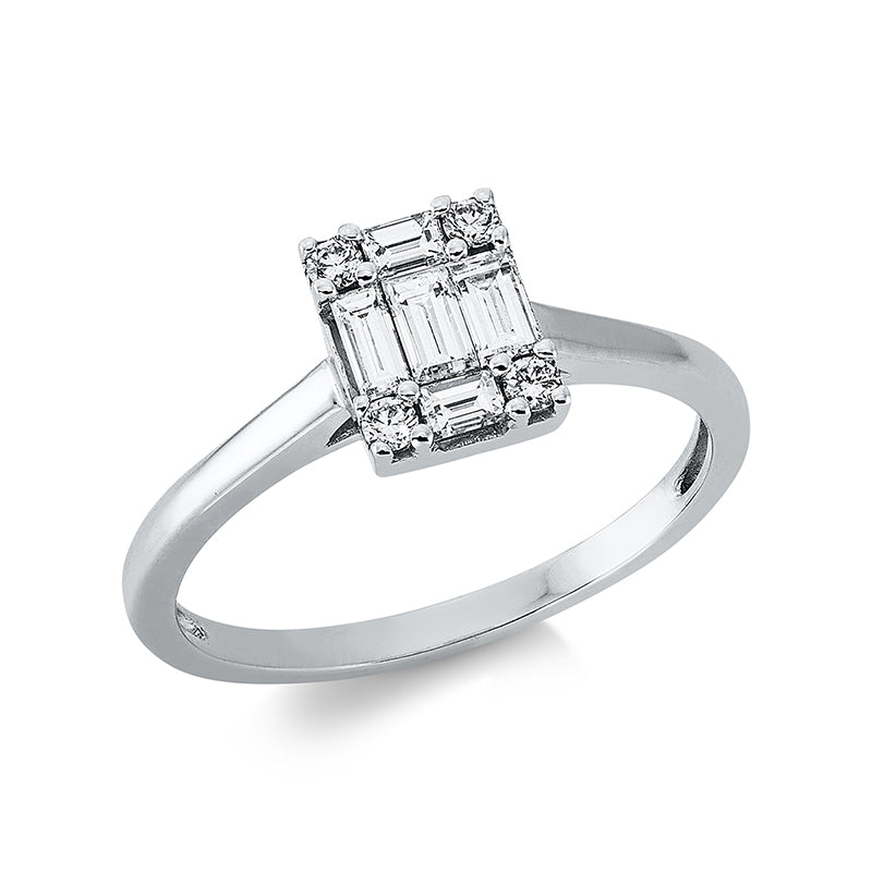 Ring 18 kt WG, 2 Bag. 0,10 ct, TW-si, 3 Bag. 0,28 ct, TW-si, 4 Brill. 0,08 ct, TW-si