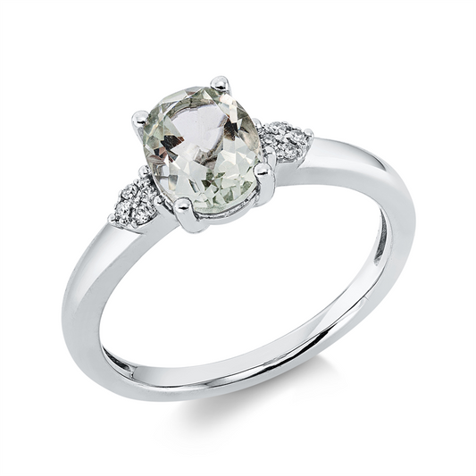 Ring 18 kt WG, 8 Dia. 0,03 ct, TW-si, 1 Amethyst 1,13 ct grün