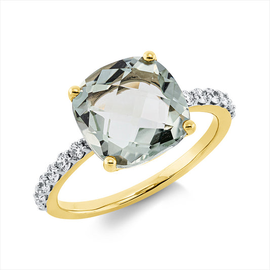 Ring 18 kt GG, Fassung rhodiniert, 12 Brill. 0,25 ct, TW-si, 1 Amethyst 3,41 ct grün