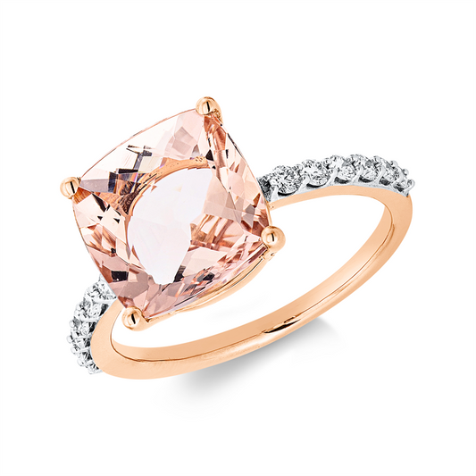 Ring 18 kt RG, Fassung rhodiniert, 12 Brill. 0,25 ct, TW-si, 1 Morganit 4,14 ct rosa