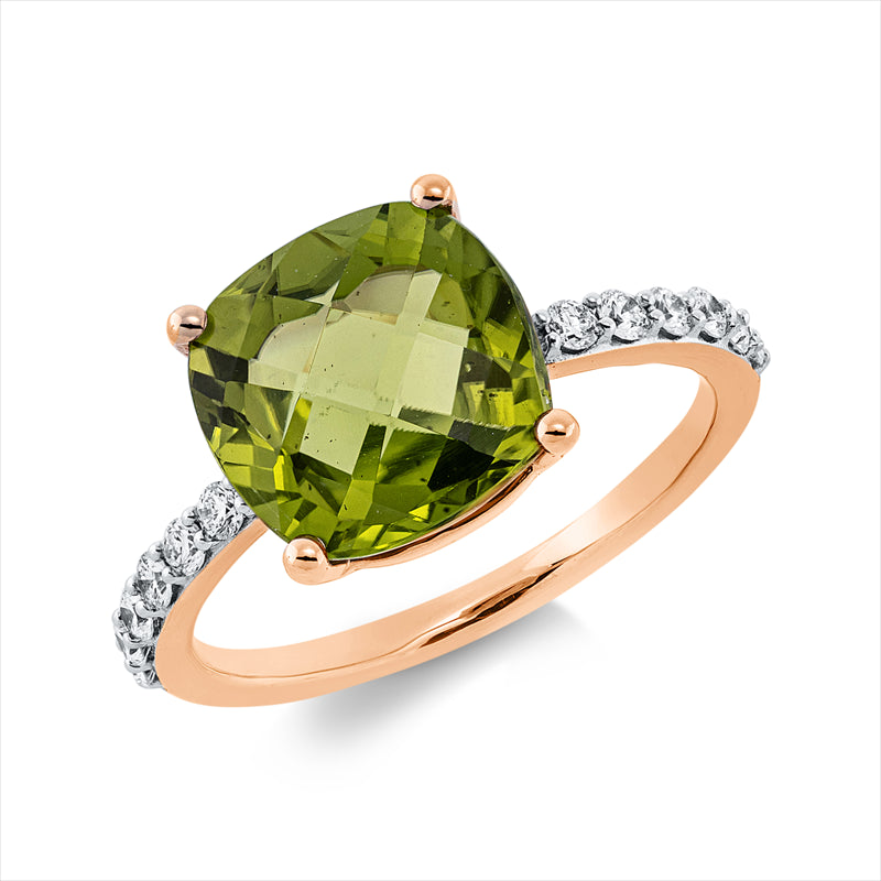 Ring 18 kt RG, Fassung rhodiniert, 12 Brill. 0,25 ct, TW-si, 1 Peridot 4,26 ct grün