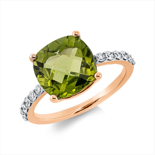 Ring 18 kt RG, Fassung rhodiniert, 12 Brill. 0,25 ct, TW-si, 1 Peridot 4,26 ct grün