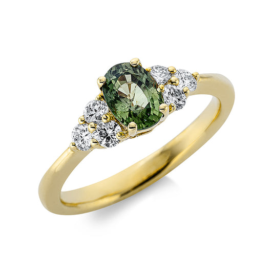 Ring 18 kt GG, 6 Brill. 0,36 ct, TW-si, 1 Saphir 1,08 ct grün