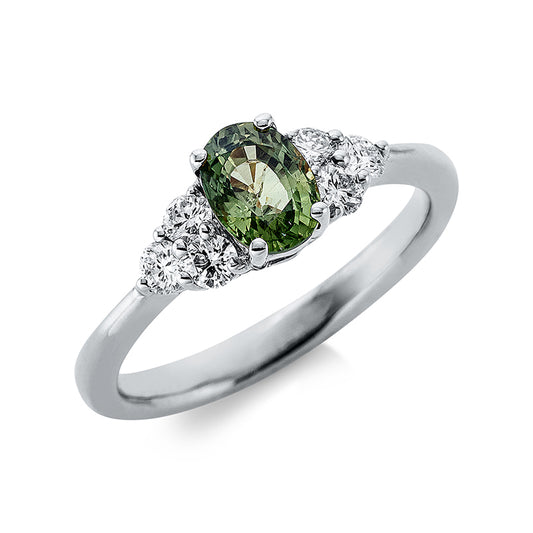 Ring 18 kt WG, 6 Brill. 0,36 ct, TW-vsi, 1 Saphir 0,75 ct grün