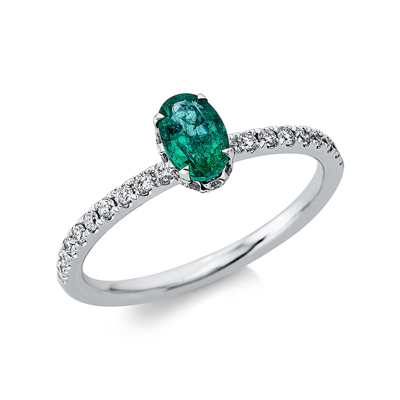 Ring 18 kt WG, 30 Brill. 0,25 ct, TW-si, 1 Smaragd 0,36 ct grün
