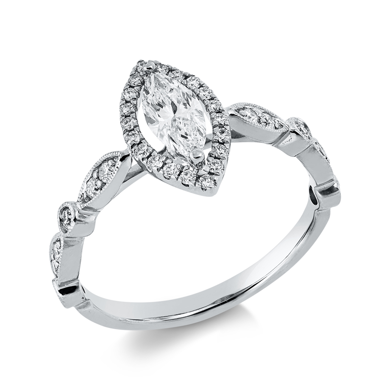 Ring 18 kt WG, 1 Nav. 0,48 ct, TW-si, 32 Brill. 0,27 ct, TW-si