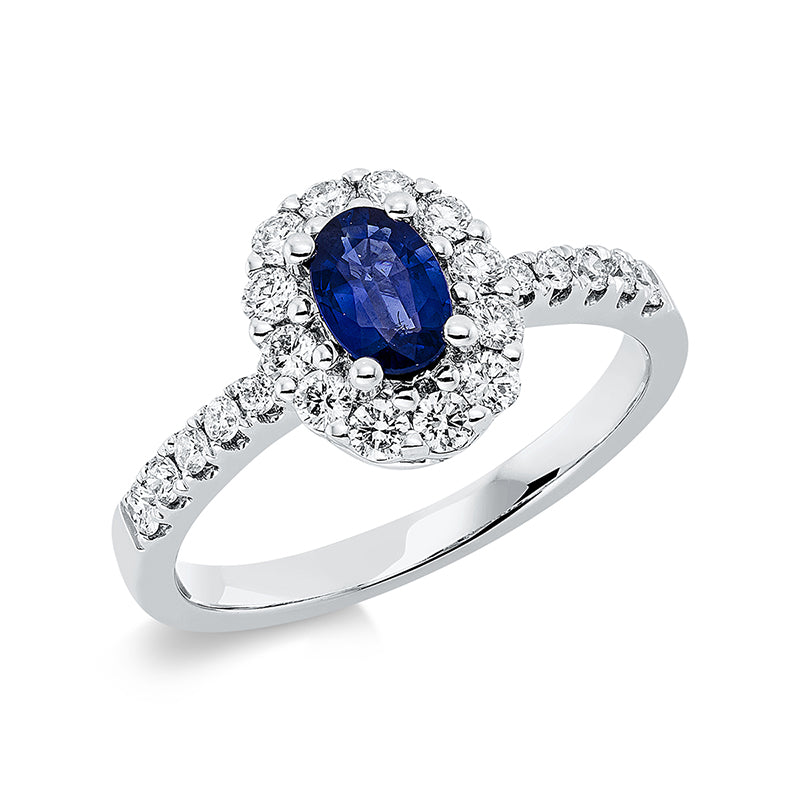 Ring 18 kt WG, 22 Brill. 0,46 ct, TW-si, 1 Saphir 0,47 ct blau