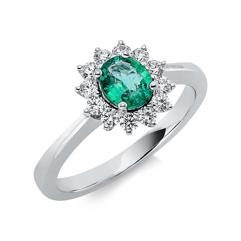 Ring 18 kt WG, 1 Smaragd 0,59 ct grün, 12 Brill. 0,32 ct, D/F-vsi/si
