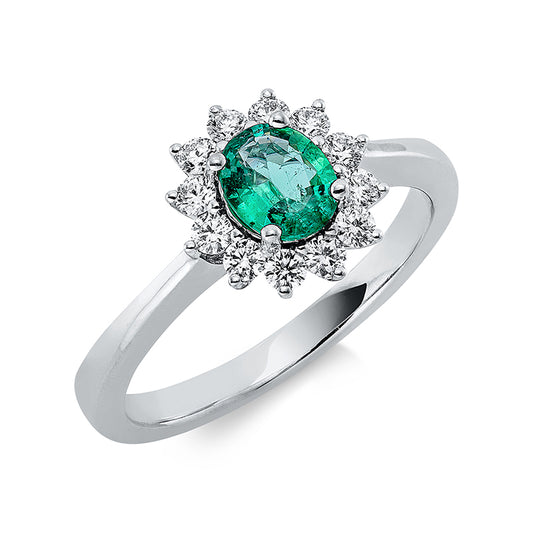 Ring 18 kt WG, 1 Smaragd 0,59 ct grün, 12 Brill. 0,32 ct, D/F-vsi/si