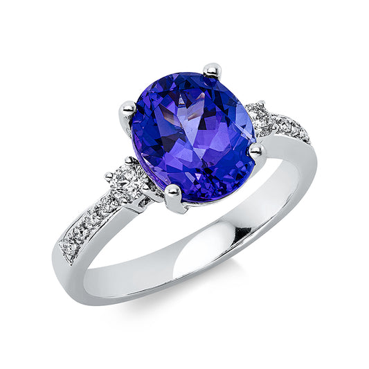 Ring 18 kt WG, 10 Brill. 0,17 ct, TW-si, 1 Tansanit 3,11 ct blau