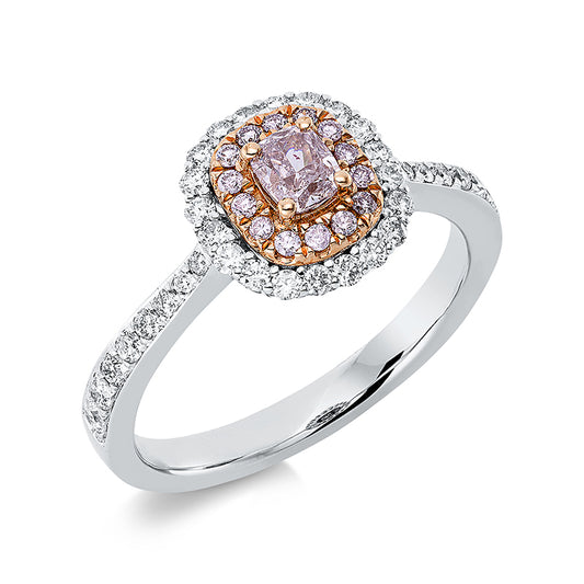 Ring 18 kt WG+RG, 36 Brill. 0,41 ct, TW-si, 1 Cushion 0,29 ct, pink, 14 Brill. 0,09 ct, pink