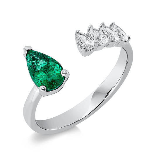 Ring 18 kt WG, 4 Tropfen 0,34 ct, TW-si, 1 Smaragd 0,57 ct grün