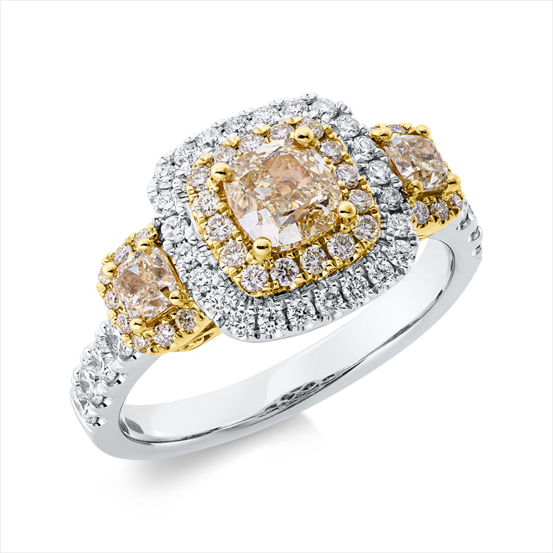 Ring 18 kt,32 Brill. 0,45 ct, TW-si, 2 Cushion 0,32 ct, gelb, 1 Cushion 0,78 ct, gelb, 32 Brill.0,22 ct, gelb