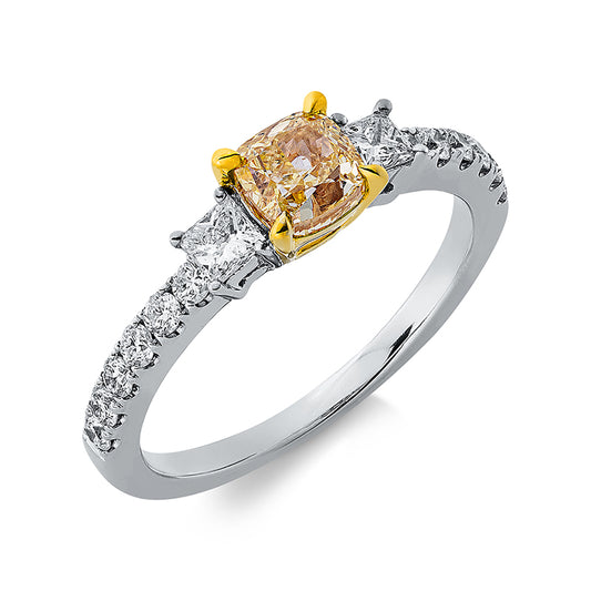 Ring 18 kt WG+GG, GIA2426092059, 2 Princ. 0,25 ct, TW-si, 1 Cushion 1,00 ct, gelb-i2, 12 Brill. 0,30 ct