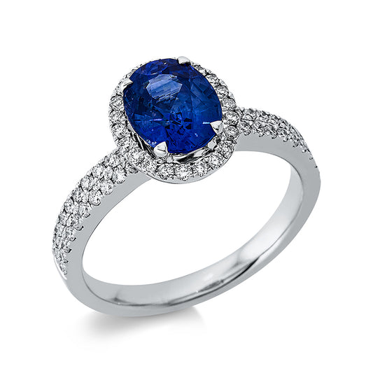 Ring 18 kt WG, 62 Brill. 0,41 ct, TW-vsi/si, 1 Saphir 2,08 ct blau