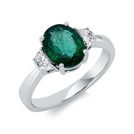 Ring 18 kt WG, 2 Halbmond 0,26 ct, TW-vsi, 1 Smaragd 1,64 ct grün