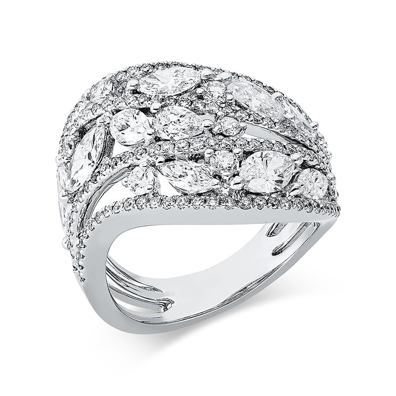 Ring 18 kt WG, 1 Tropfen 0,16 ct, 4 Nav. 0,54 ct, 5 Nav. 1,24 ct, TW-vsi, 129 Brill. 0,89 ct, TW-si