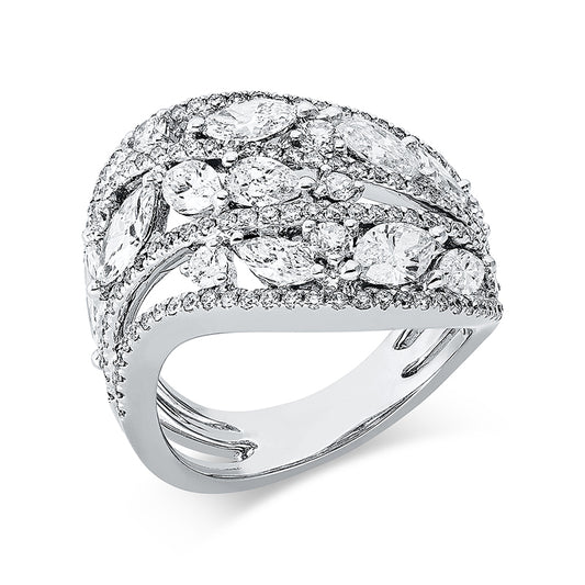 Ring 18 kt WG, 1 Tropfen 0,16 ct, 4 Nav. 0,54 ct, 5 Nav. 1,24 ct, TW-vsi, 129 Brill. 0,89 ct, TW-si