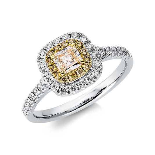 Ring 18 kt WG+GG, 32 Brill. 0,33 ct, TW-si, 1 Cushion 0,31 ct, gelb, 14 Brill. 0,08 ct, gelb