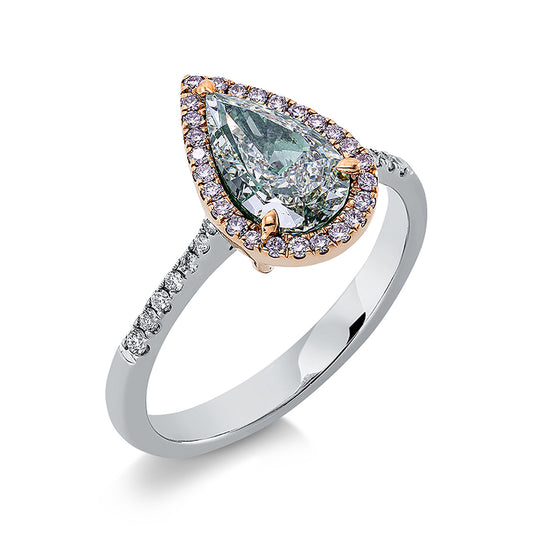 Ring 18 kt WG+RG, GIA, 26 Brill. 0,12 ct, pink-vsi, 14 Brill. 0,08 ct, F-vsi, 1 Tropfen 1,28 ct, grün-si1