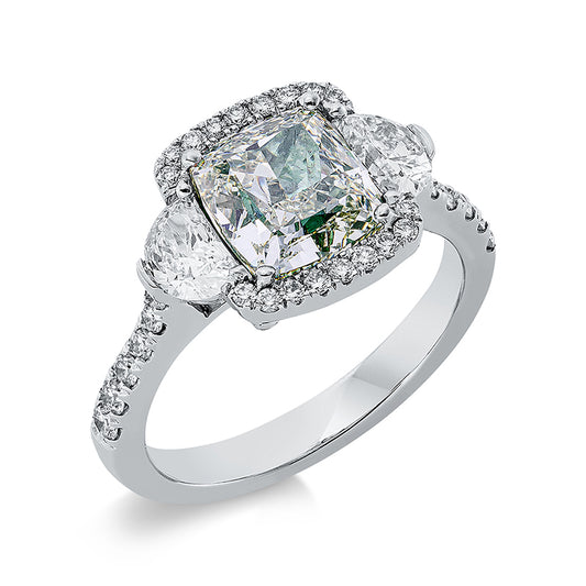 Ring 18 kt WG, GIA, 2 Halbmond 0,58 ct, TW-vvs/vs, 30 Brill. 0,32 ct, 1 Cus 2,48 ct, grün-vs2