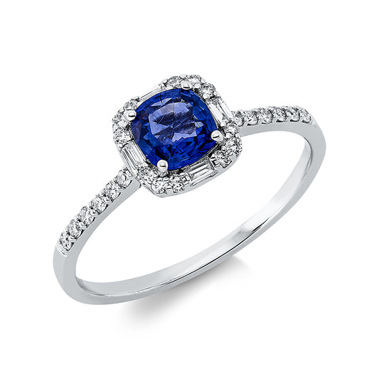 Ring 18 kt WG, 12 Brill. 0,06 ct, TW-si, 4 Bag. 0,05 ct, TW-vsi, 12 Brill. 0,08 ct, TW-si, 1 Saphir 0,56 ct blau