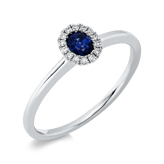 Ring 18 kt WG, 14 Brill. 0,05 ct, TW-si, 1 Saphir 0,28 ct blau