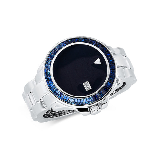 Ring 18 kt WG, mattiert, 1 Bag. 0,01 ct, TW-si, 1 Emaille 0,40 ct schwarz, 32 Saphire 0,75 ct blau