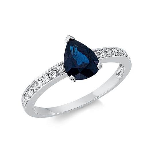 Ring 18 kt WG, 16 Brill. 0,21 ct, TW-pi, 1 Saphir 1,50 ct blau