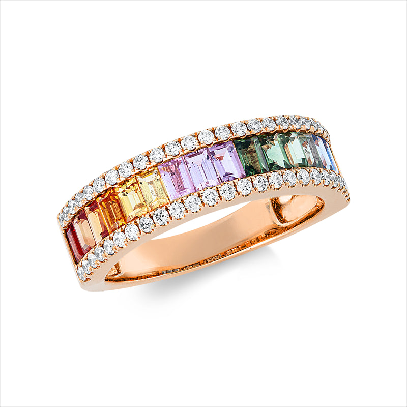 Ring 18 kt RG, 50 Brill. 0,34 ct, TW-si, 16 Saphire 1,60 ct fancy