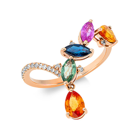Ring 18 kt RG, 18 Brill. 0,10 ct, TW-si, 3 Saphire 0,79 ct fancy, 2 Saphire 0,97 ct fancy