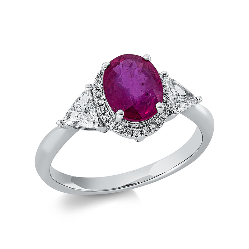 Ring 18 kt WG, 2 Triangel 0,40 ct, TW-si, 26 Brill. 0,07 ct, TW-si, 1 Rubin 1,82 ct rot