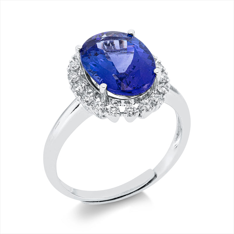 Ring 18 kt WG, 18 Brill. 0,32 ct, TW-si, 1 Tansanit 4,37 ct blau