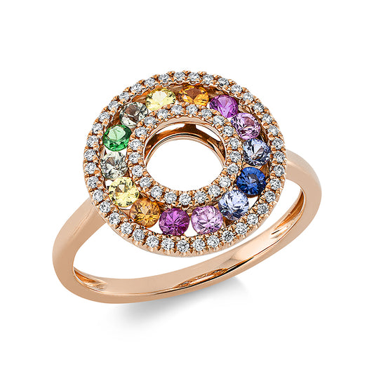 Ring 18 kt RG, 60 Brill. 0,23 ct, TW-si, 13 Saphire 0,65 ct multicolor, 1 Tsavorith 0,05 ct grün