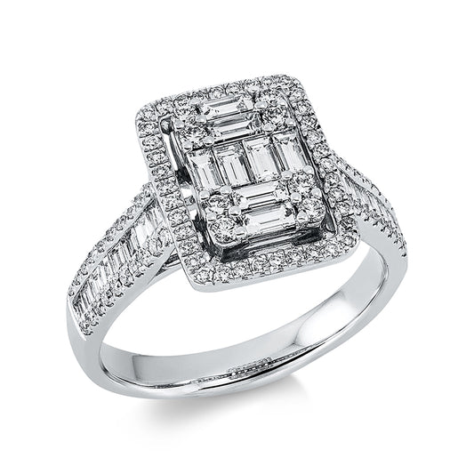 Ring 18 kt WG, 8 Bag. 0,42 ct, TW-si, 16 Bag. 0,26 ct, TW-si, 86 Brill. 0,37 ct, TW-si