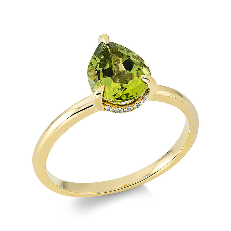 Ring 18 kt GG, 17 Dia. 0,07 ct, TW-si, 1 Peridot 1,90 ct grün