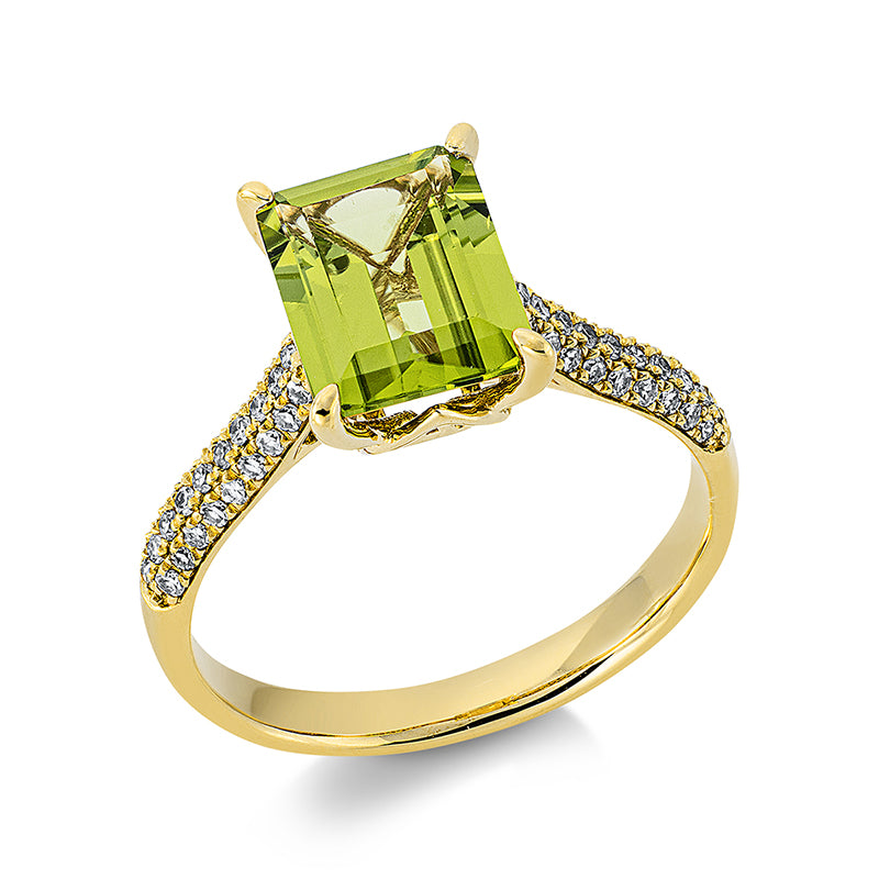 Ring 18 kt GG, 56 Dia. 0,21 ct, TW-si, 1 Peridot 2,33 ct grün