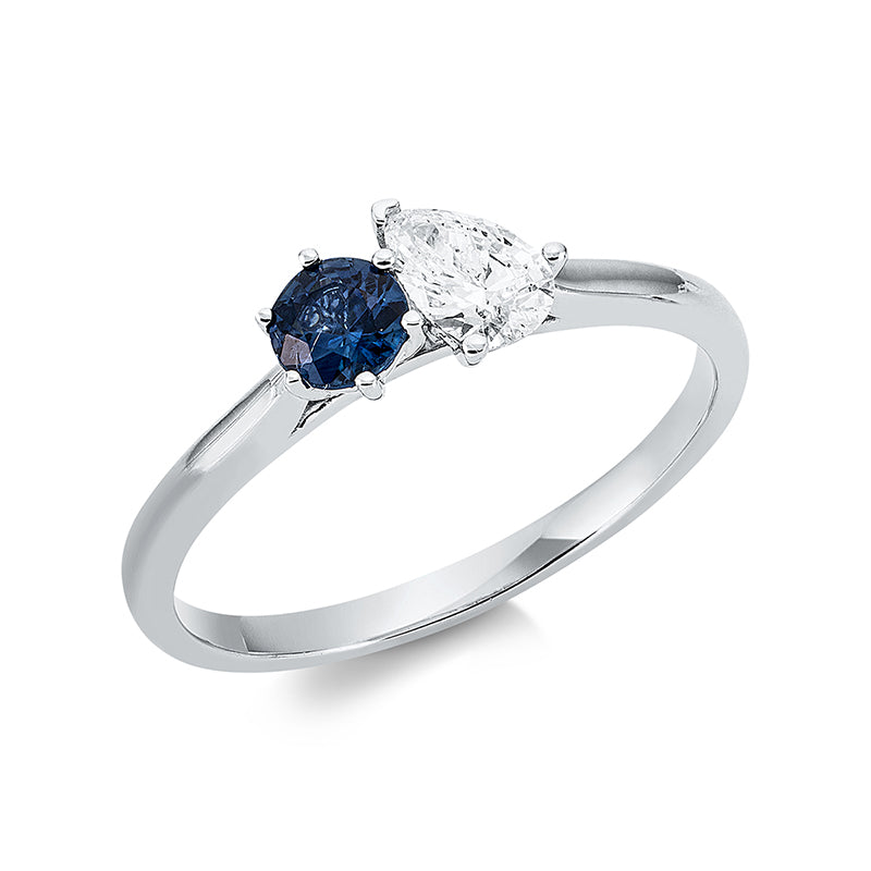 Ring 18 kt WG, 1 Tropfen 0,28 ct, TW-si, 1 Saphir 0,29 ct blau