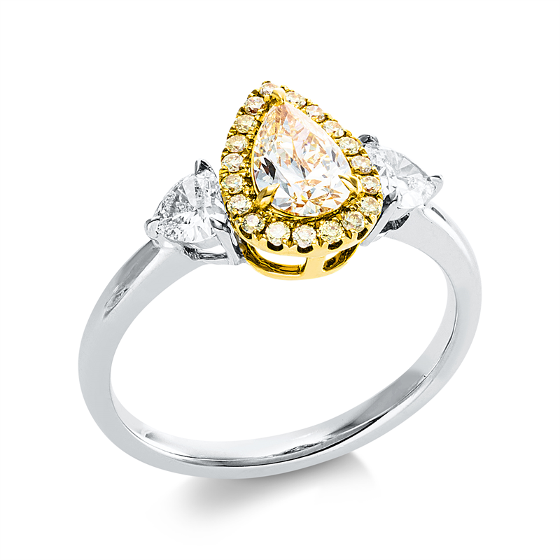 Ring 18 kt WG+GG, 2 Herzschl. 0,33 ct, TW-vvs, 1 Tropfen 0,52 ct, gelb-vvs, 19 Brill. 0,12 ct, gelb