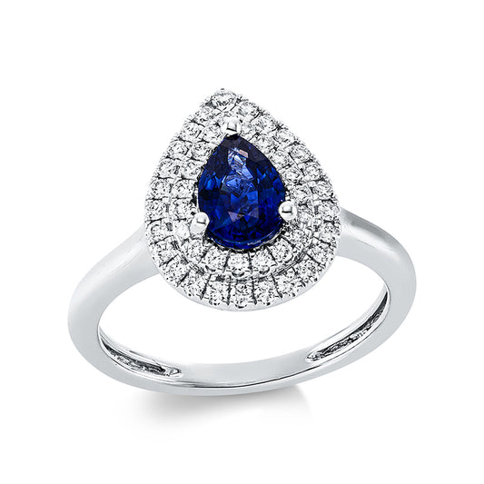 Ring 18 kt WG, 44 Brill. 0,32 ct, TW-si, 1 Saphir 0,82 ct blau